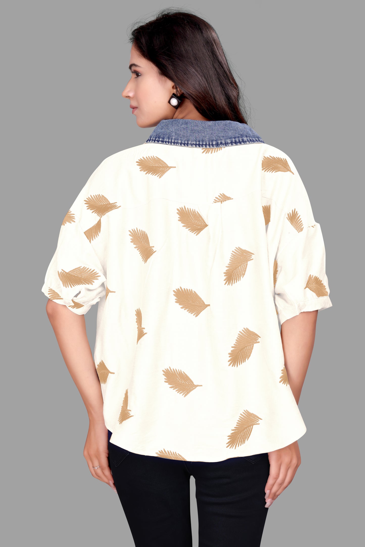 Women's Denim collar Leaf Print Oversized Shirt