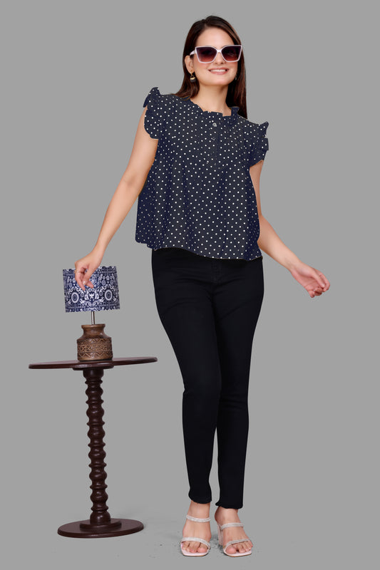 Women's Polka Dot Ruffle Neck Top