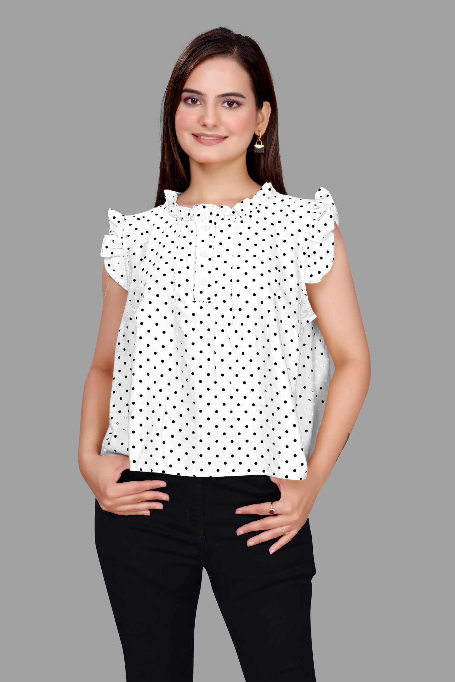 Women's Polka Dot Ruffle Neck Top