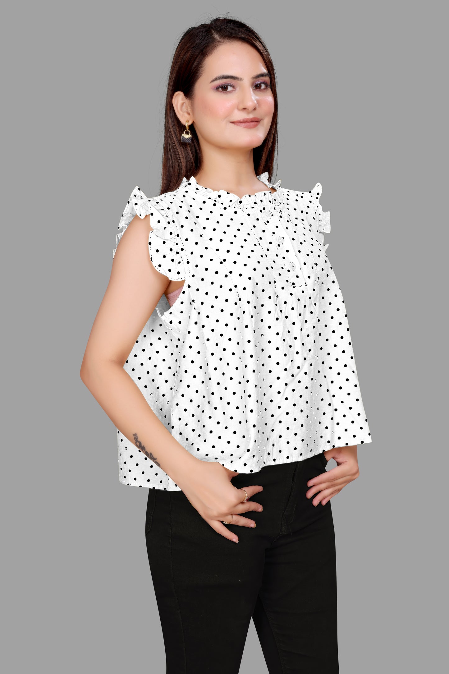 Women's Polka Dot Ruffle Neck Top