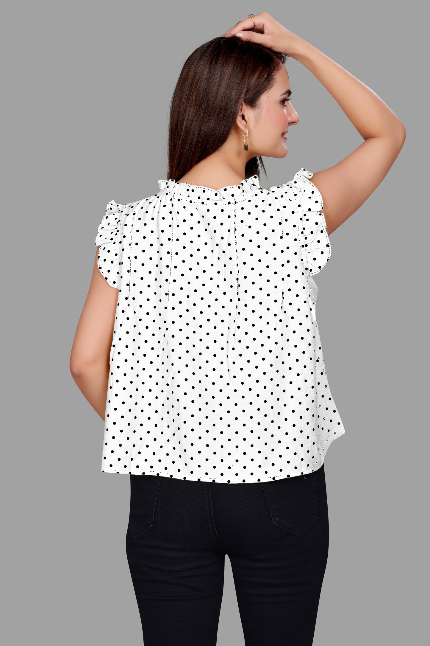 Women's Polka Dot Ruffle Neck Top