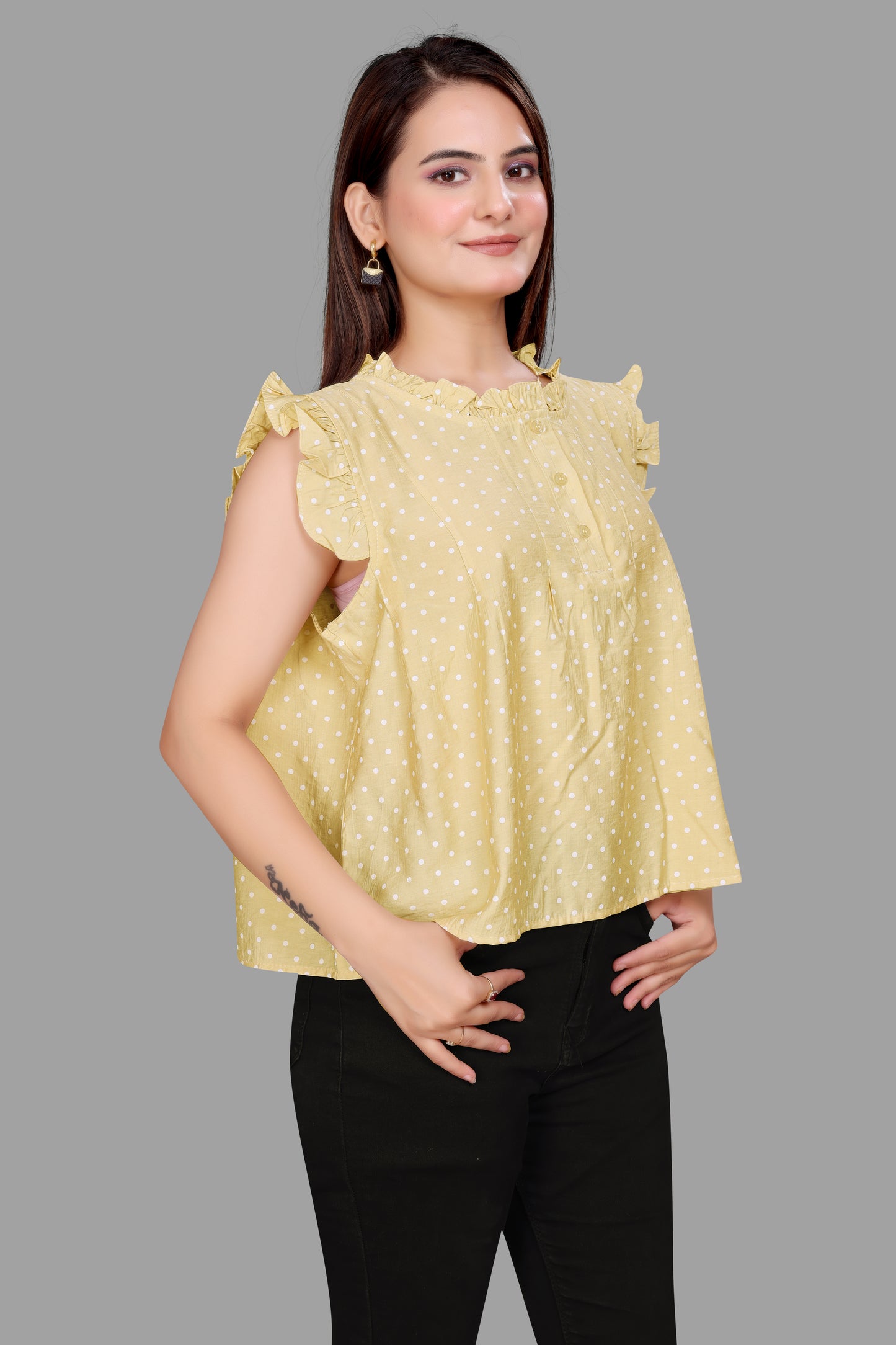 Women's Polka Dot Ruffle Neck Top