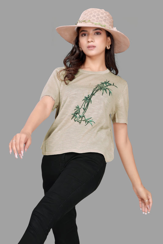 Women's Jute Textured T-Shirt with Bamboo Print Design