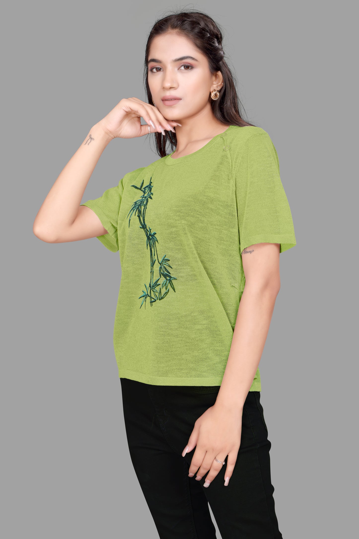 Women's Jute Textured T-Shirt with Bamboo Print Design