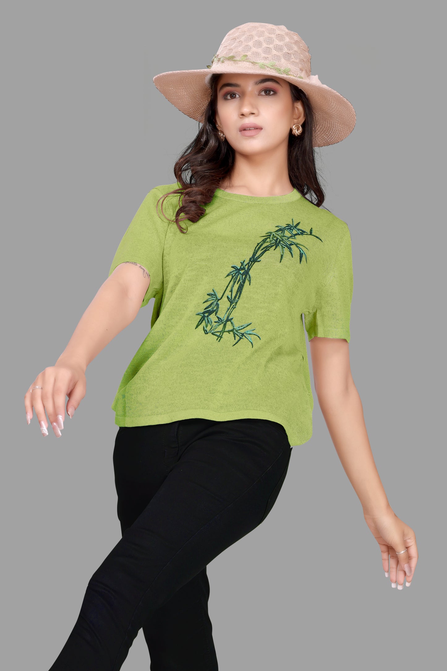 Women's Jute Textured T-Shirt with Bamboo Print Design