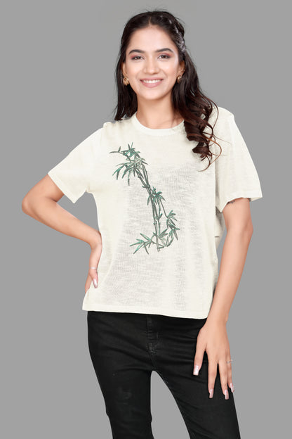 Women's Jute Textured T-Shirt with Bamboo Print Design