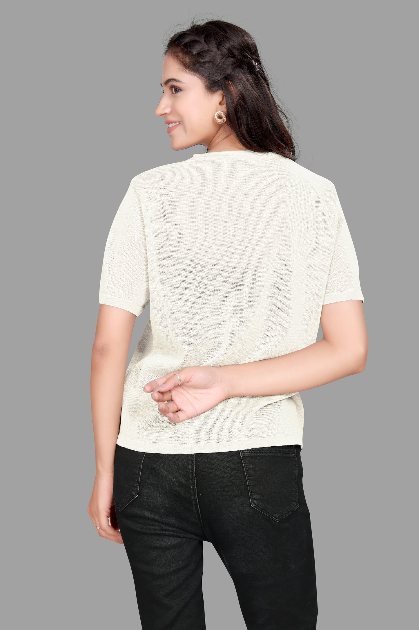 Women's Jute Textured T-Shirt with Bamboo Print Design