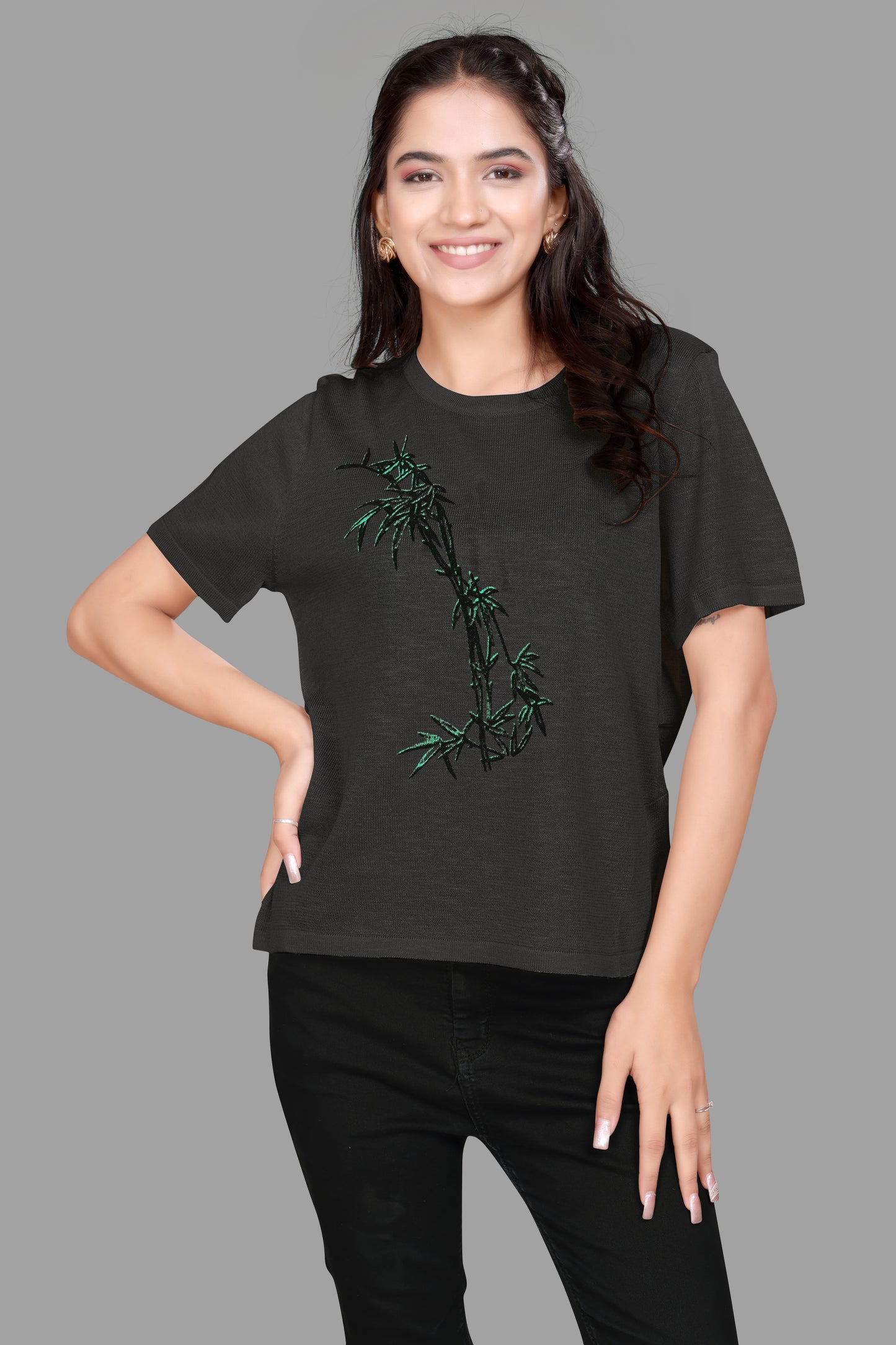 Women's Jute Textured T-Shirt with Bamboo Print Design