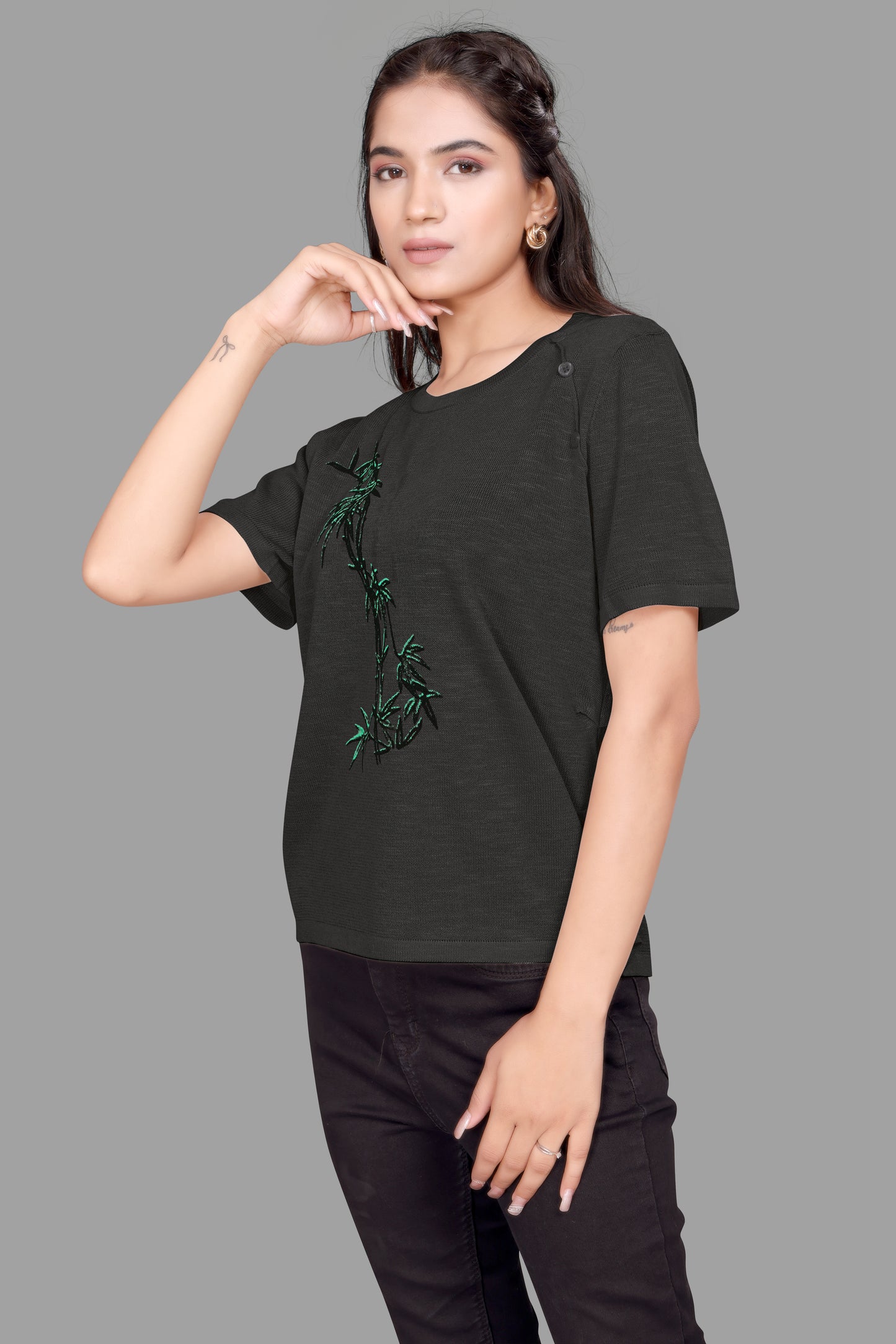 Women's Jute Textured T-Shirt with Bamboo Print Design