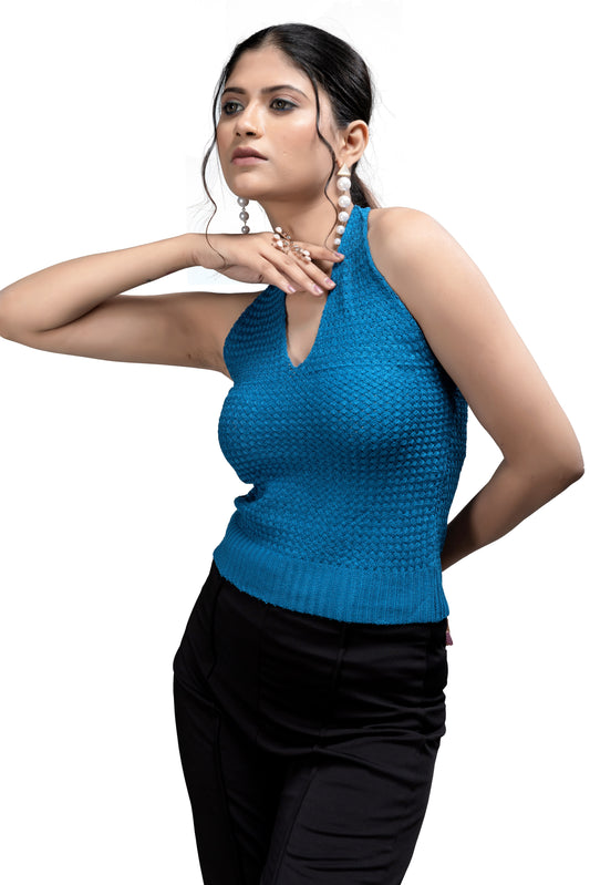 Women's Halter Neck Ribbed Knit Top in Teal Blue