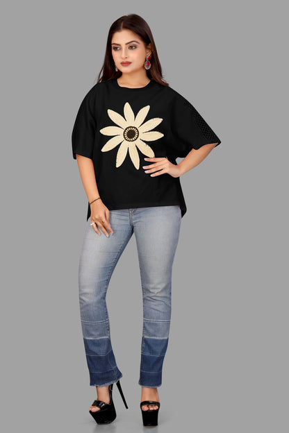 Women's Floral Appliqué Top - Mesh Sleeve Casual Top