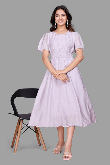 Women's Textured Midi Dress - Puff Sleeve Flared dress