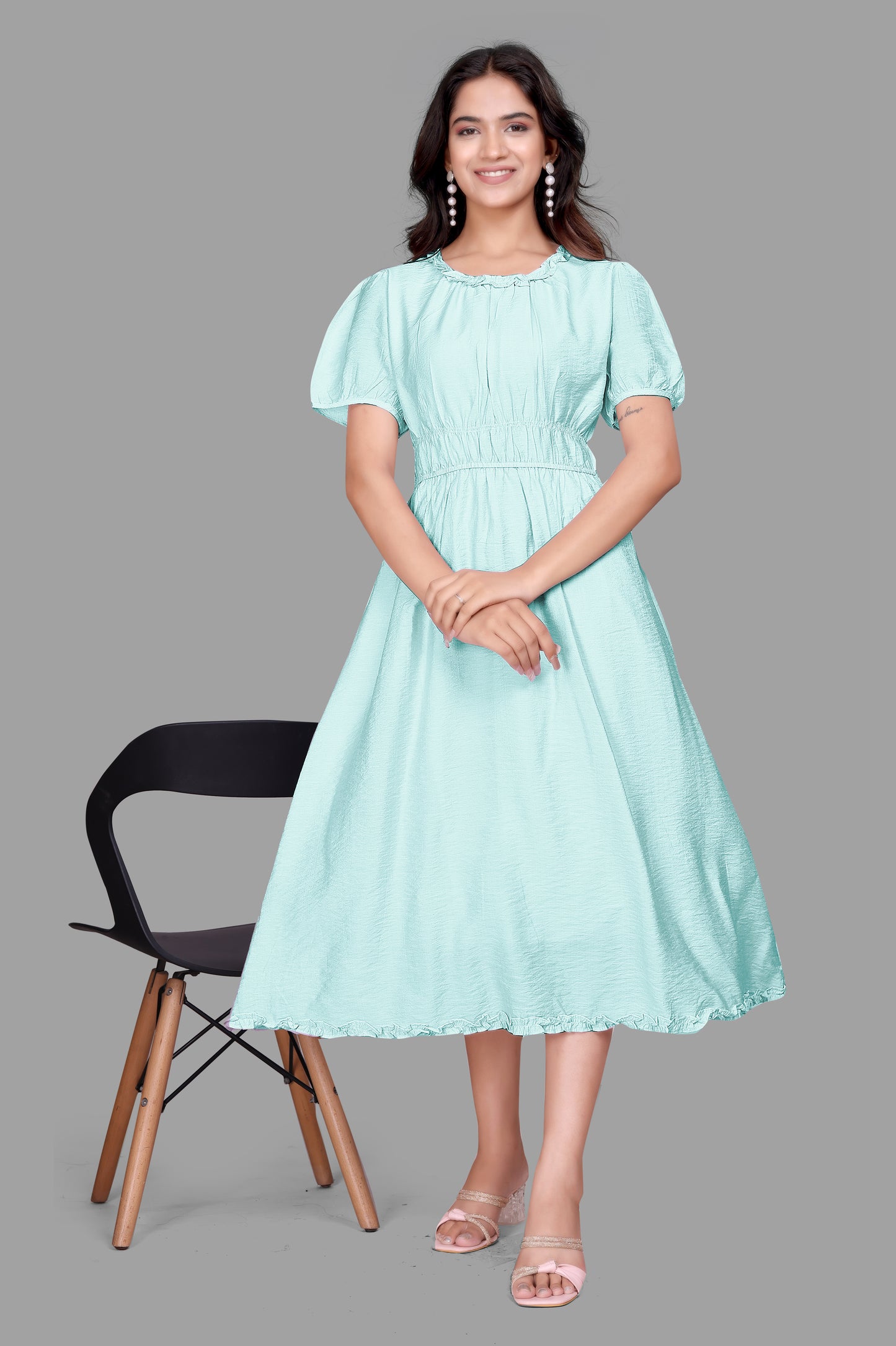 Women's Textured Midi Dress - Puff Sleeve Flared dress