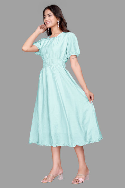 Women's Textured Midi Dress - Puff Sleeve Flared dress