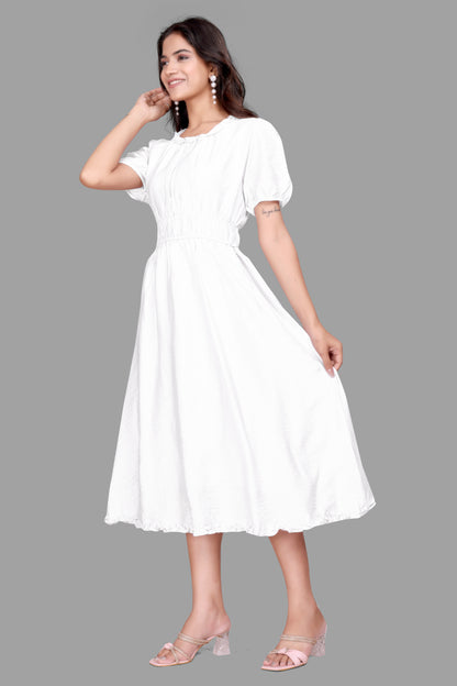 Women's Textured Midi Dress - Puff Sleeve Flared dress