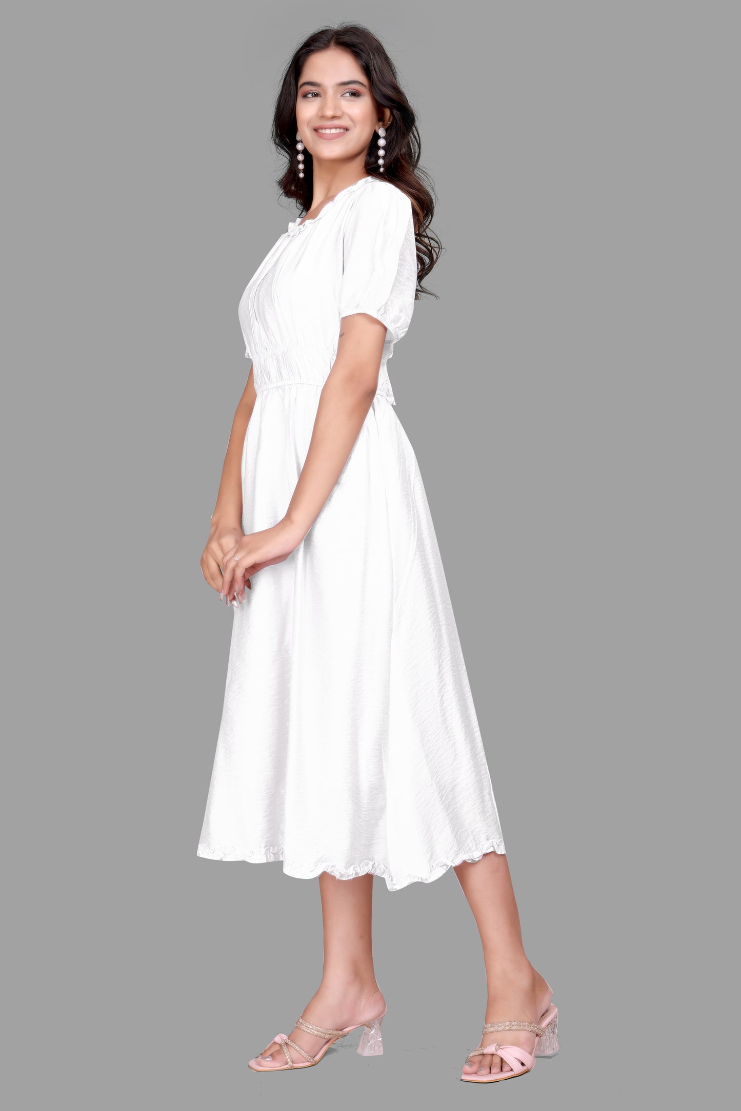 Women's Textured Midi Dress - Puff Sleeve Flared dress