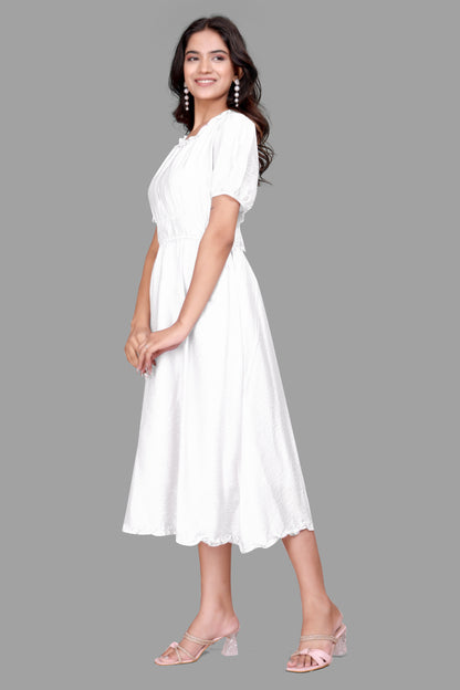 Women's Textured Midi Dress - Puff Sleeve Flared dress