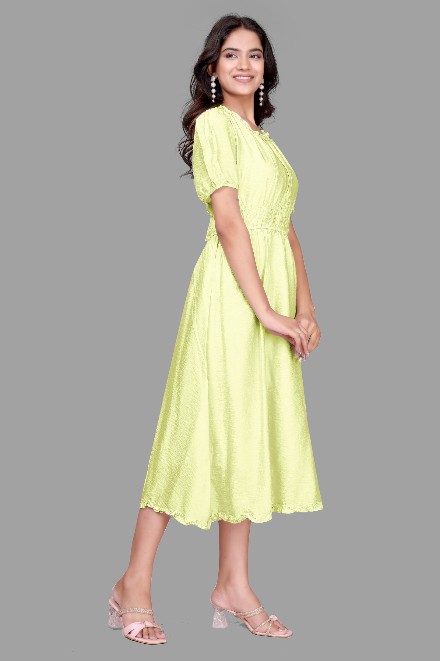 Women's Textured Midi Dress - Puff Sleeve Flared dress