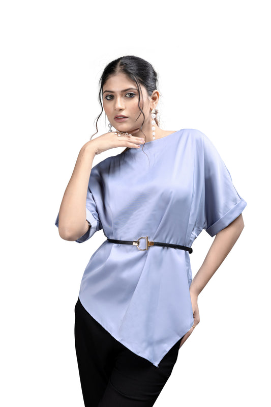 Satin Asymmetrical Drape Top with Belt