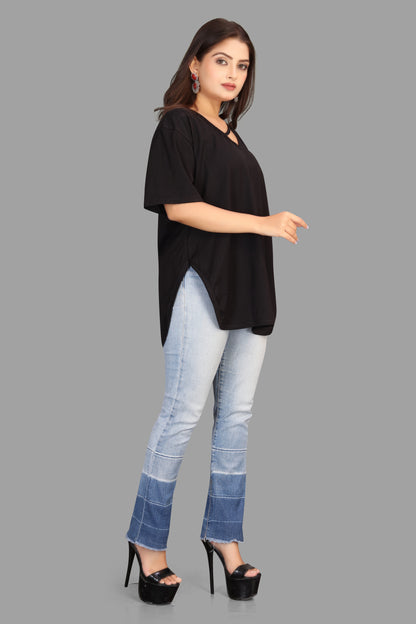 Women's V-Neck Casual T-Shirt with Cut-Out Detail - Oversized Dolman Top