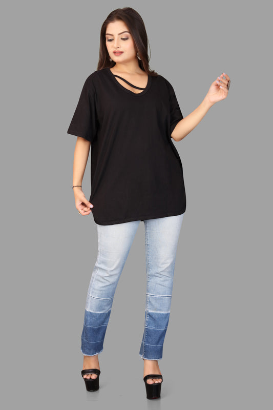 Women's V-Neck Casual T-Shirt with Cut-Out Detail - Oversized Dolman Top