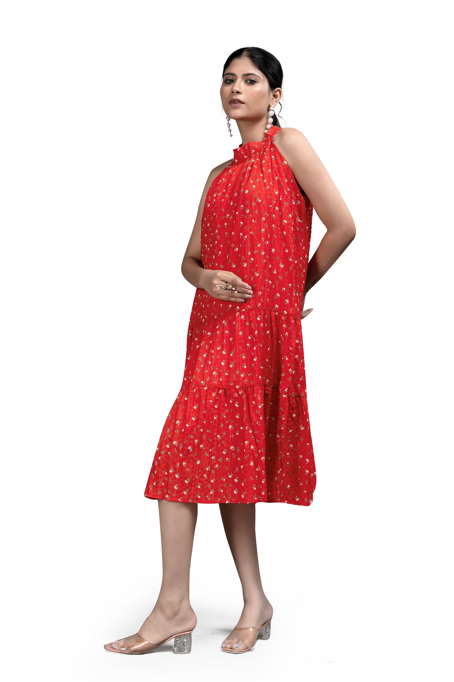 Red Halter Neck Tiered Mini Dress with Gold Floral Print