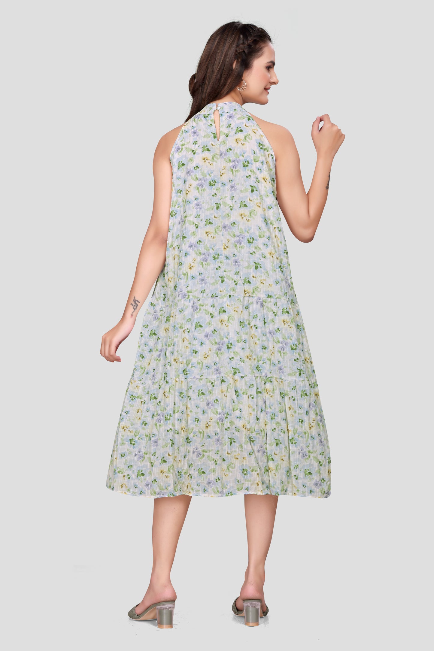 Women's Floral Print Pleated Halter Neck Midi Dress