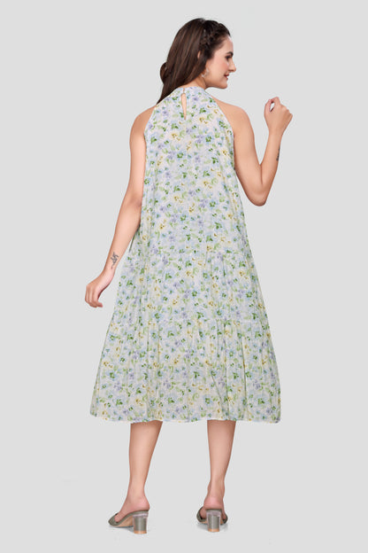 Women's Floral Print Pleated Halter Neck Midi Dress