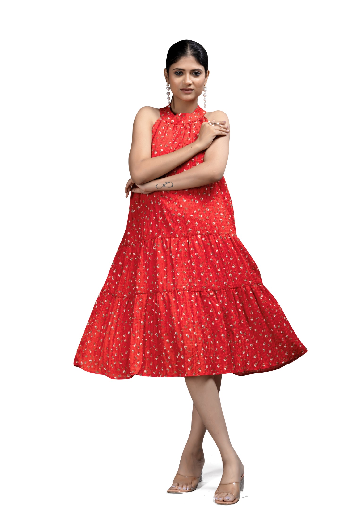 Red Halter Neck Tiered Mini Dress with Gold Floral Print