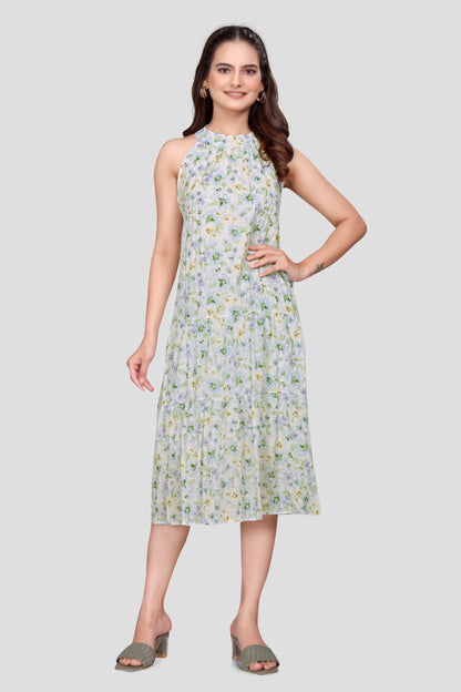 Women's Floral Print Pleated Halter Neck Midi Dress