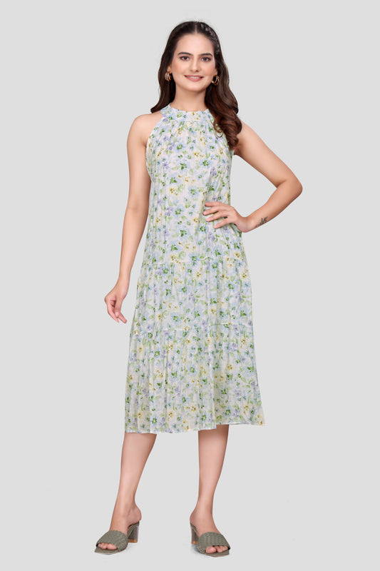 Women's Floral Print Pleated Halter Neck Midi Dress