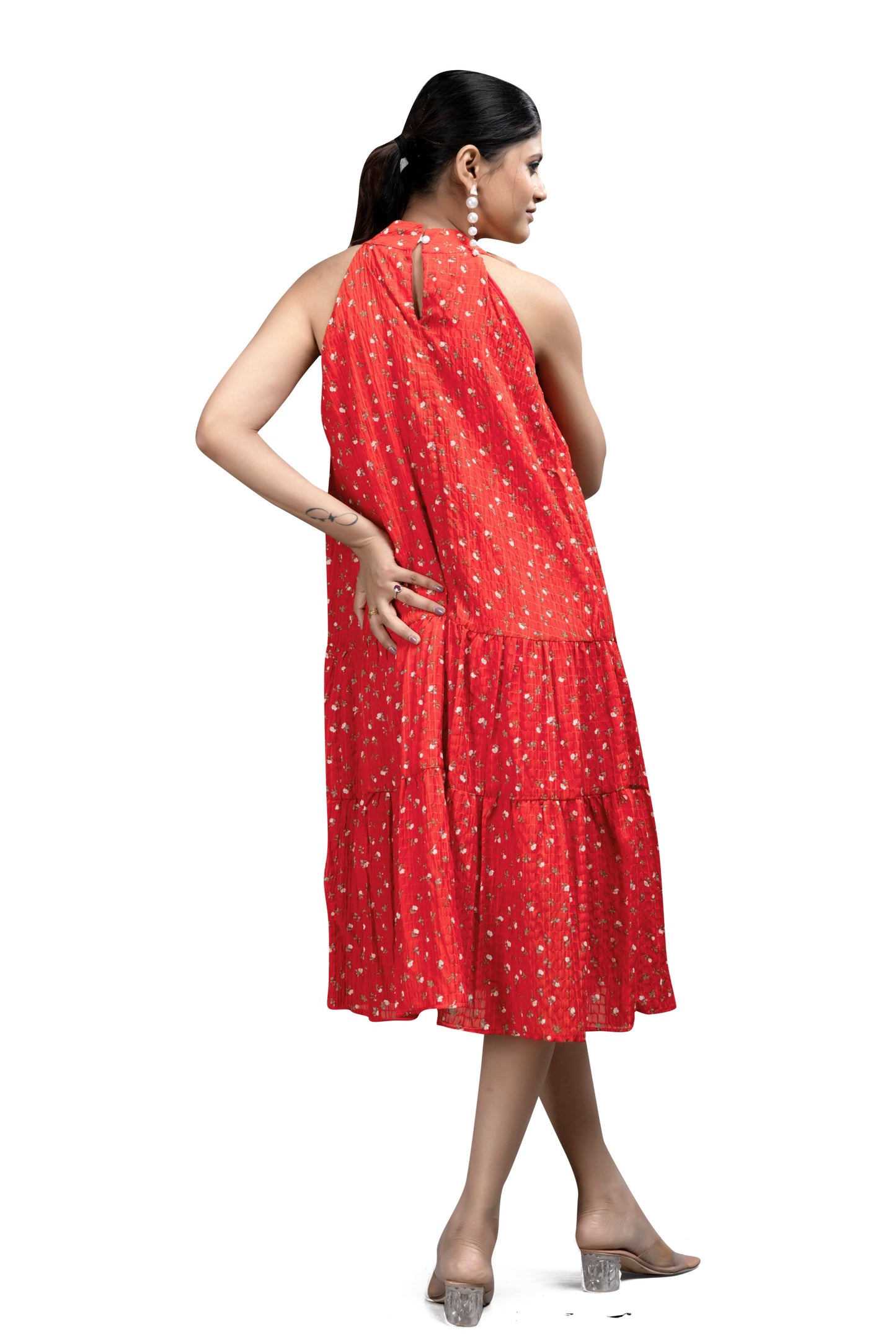 Red Halter Neck Tiered Mini Dress with Gold Floral Print