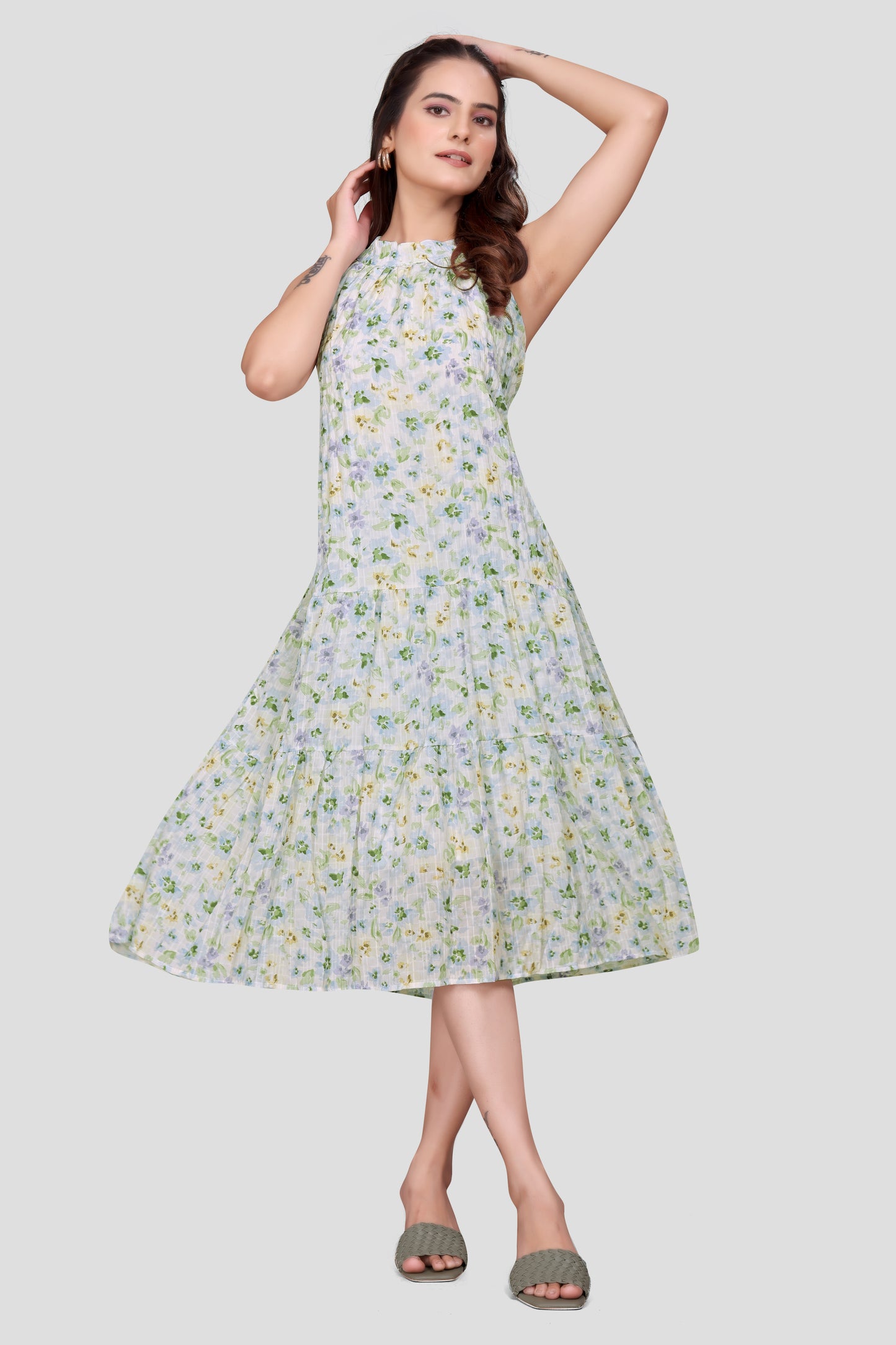Women's Floral Print Pleated Halter Neck Midi Dress