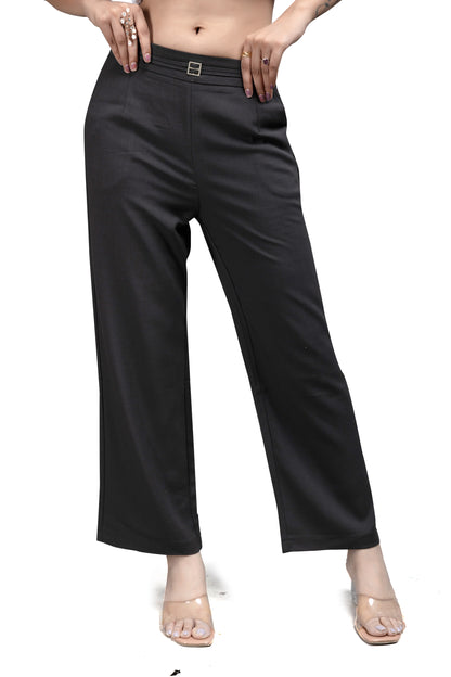 High-Waist Wide-Leg Trousers with Buckle Detail
