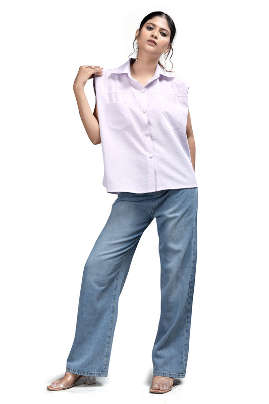 Stylish Lavender Button-Down Top with Belt