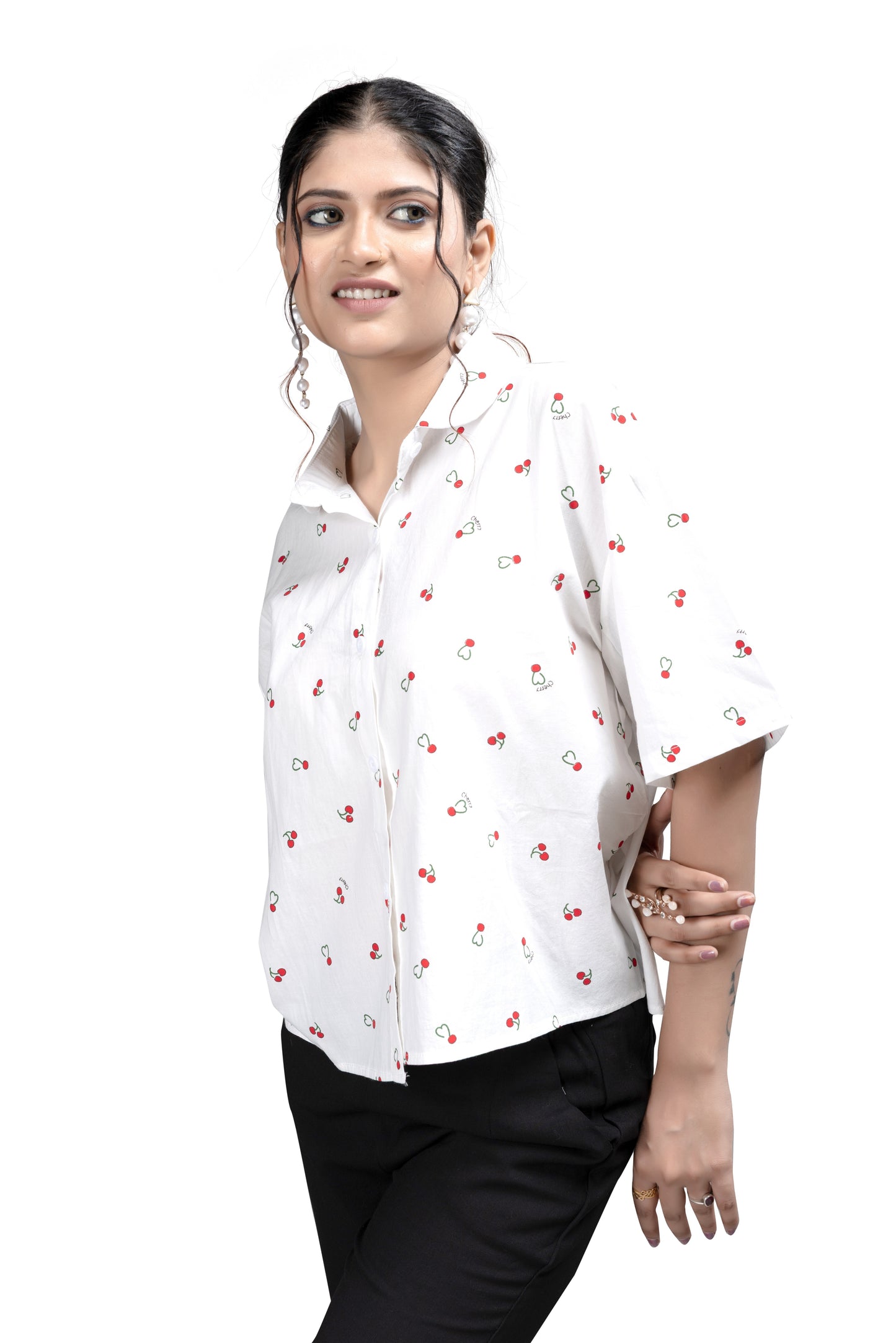 Playful Cherry Print White Casual Shirt