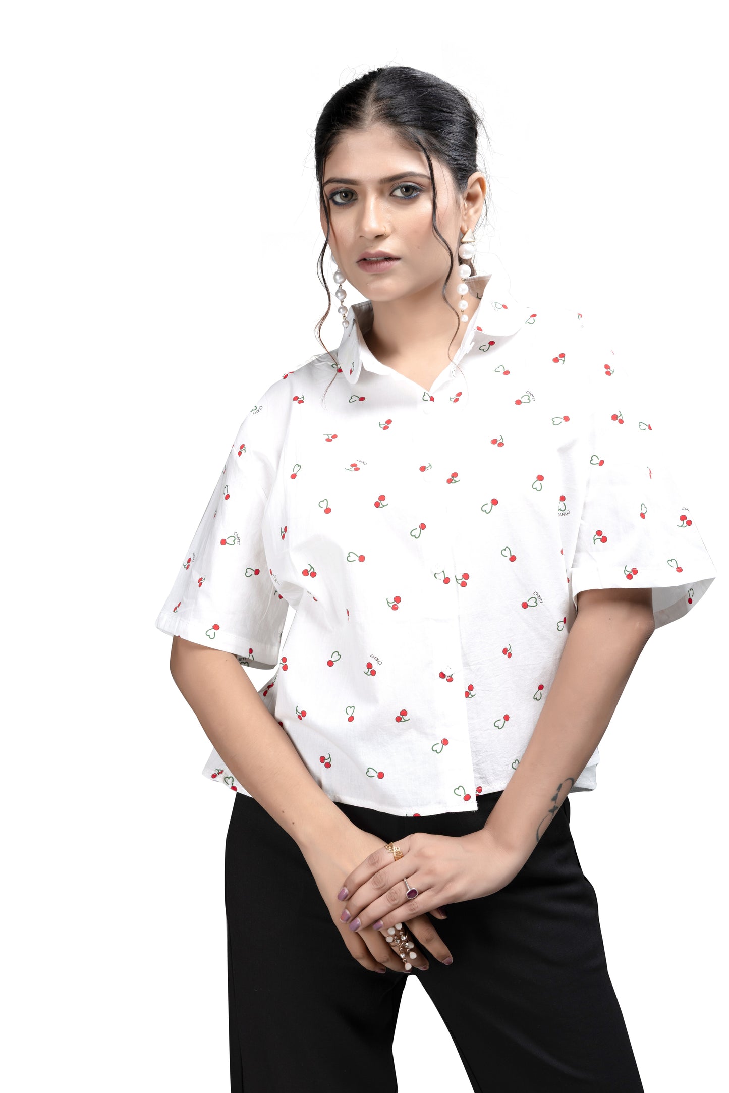Playful Cherry Print White Casual Shirt