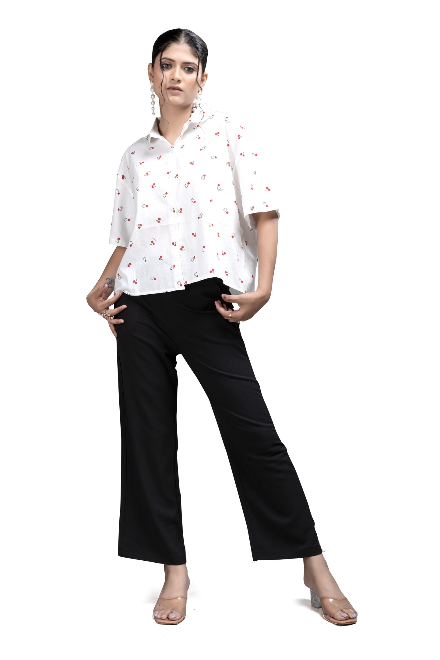 Playful Cherry Print White Casual Shirt