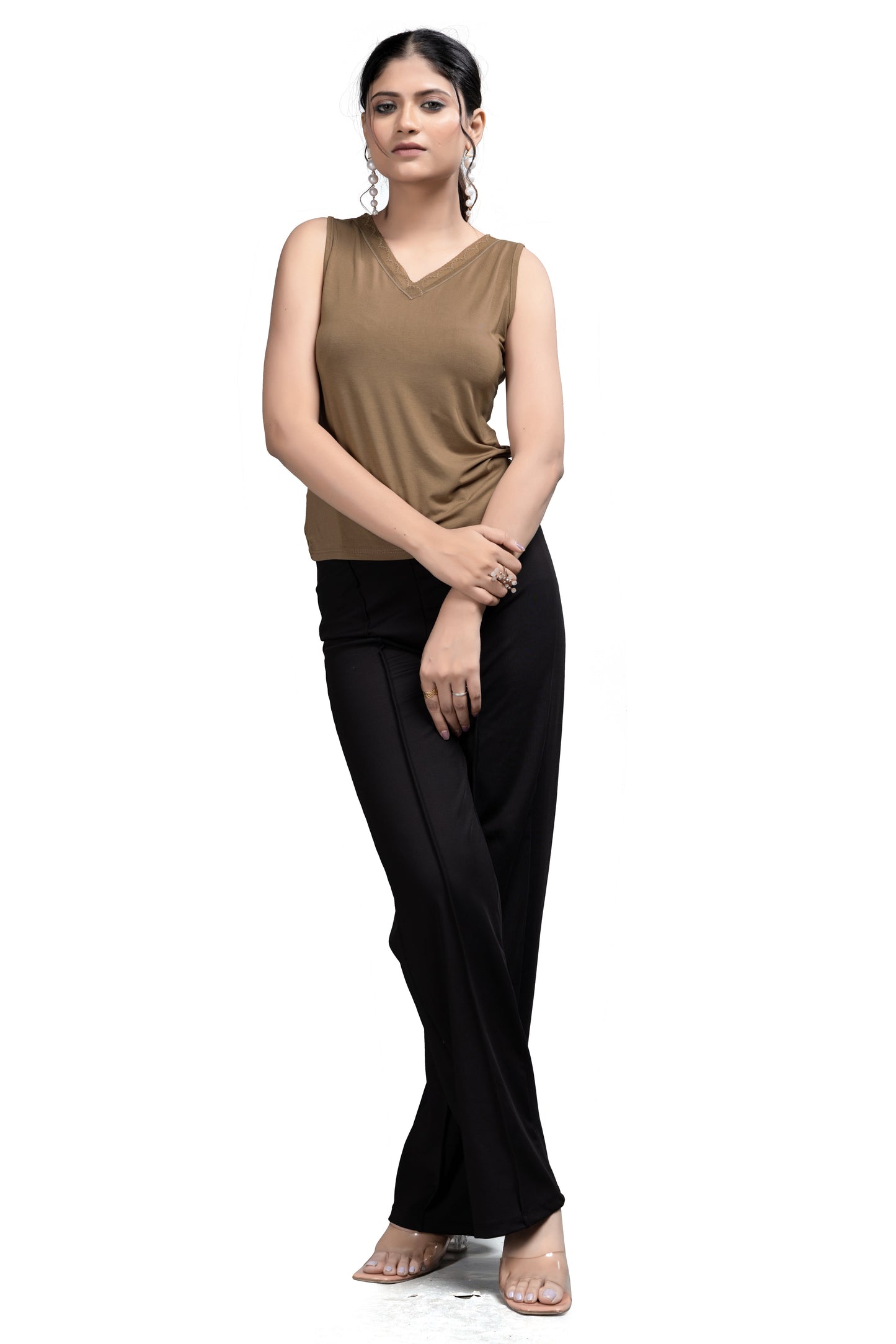 Versatile Brown Sleeveless Top with V-Neck