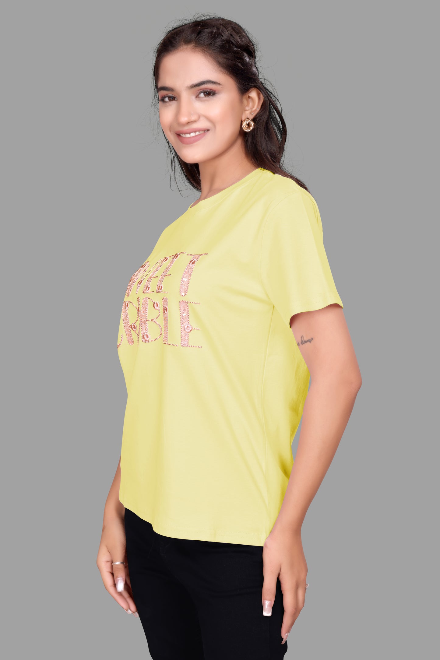 Sweet Scribble Oversized T-Shirt for Women with sequence work