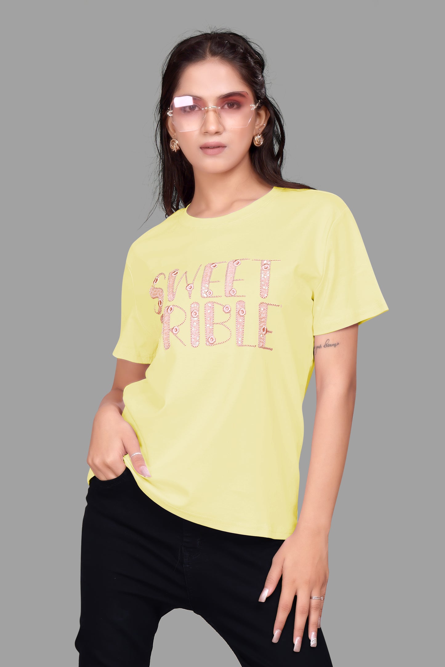 Sweet Scribble Oversized T-Shirt for Women with sequence work