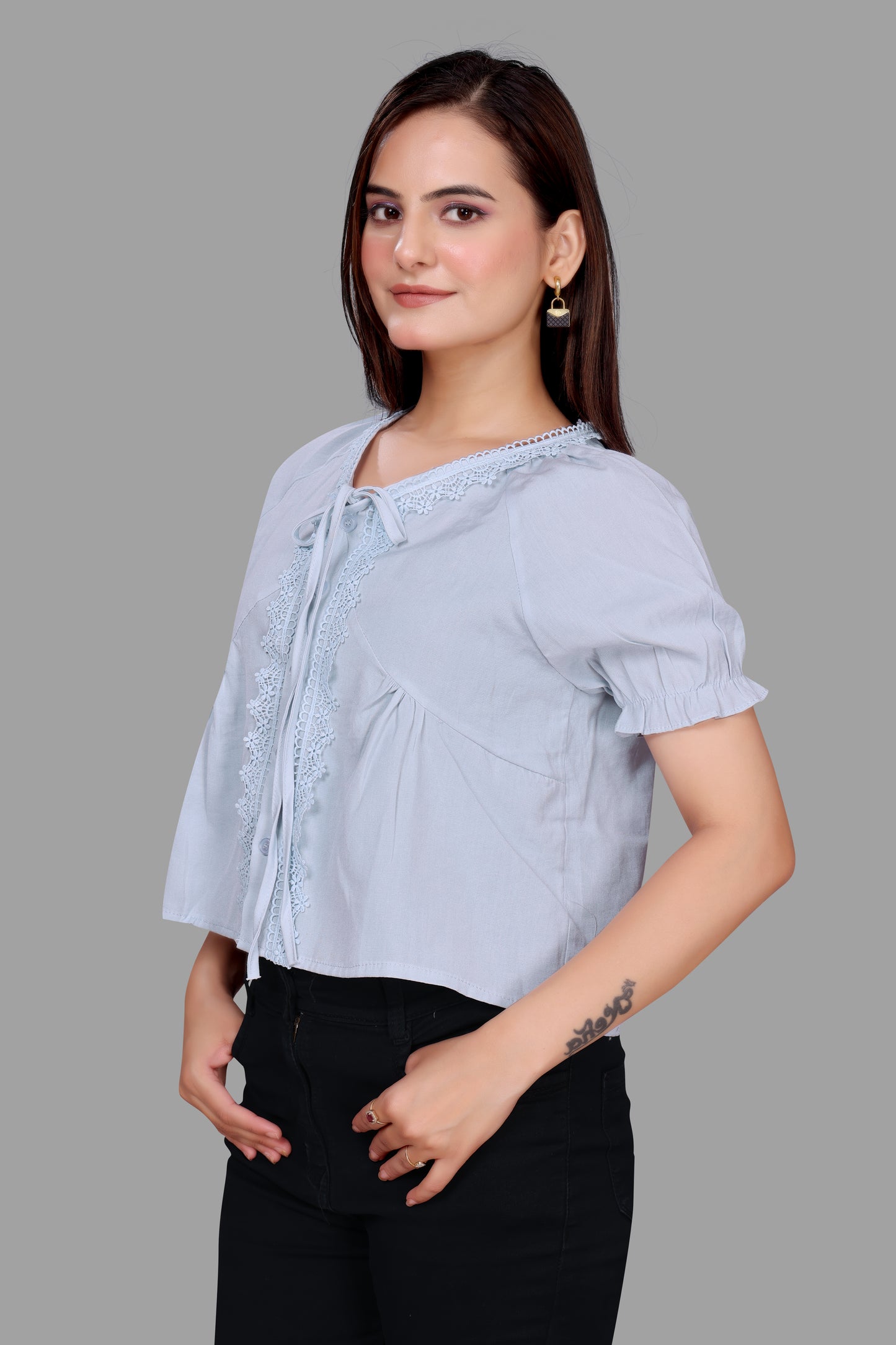 Chic Pinstripe Lace Bow Top for Women