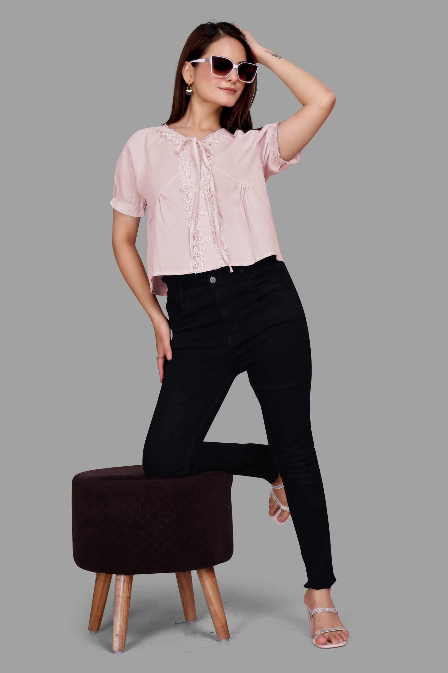 Chic Pinstripe Lace Bow Top for Women