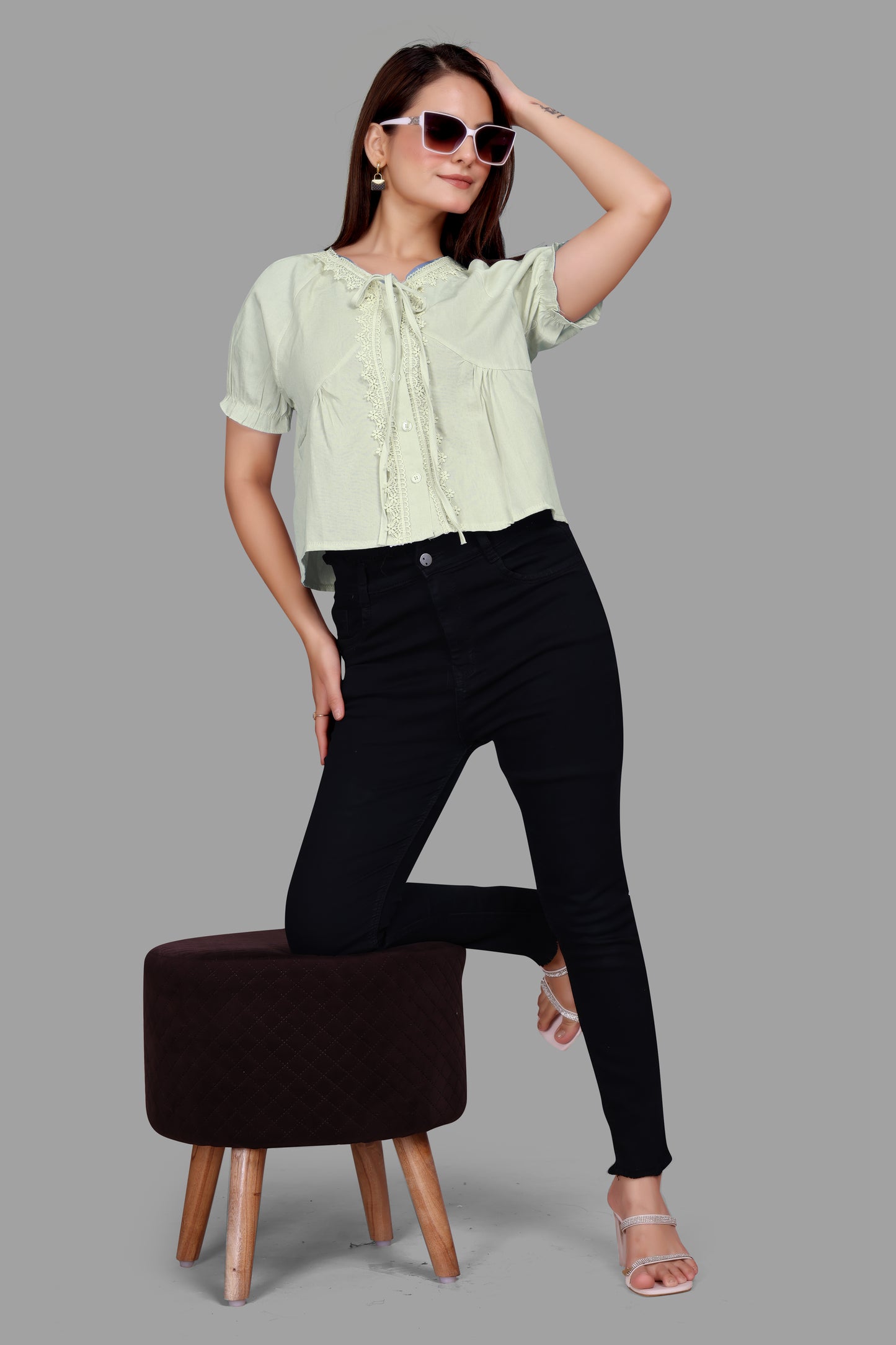 Chic Pinstripe Lace Bow Top for Women