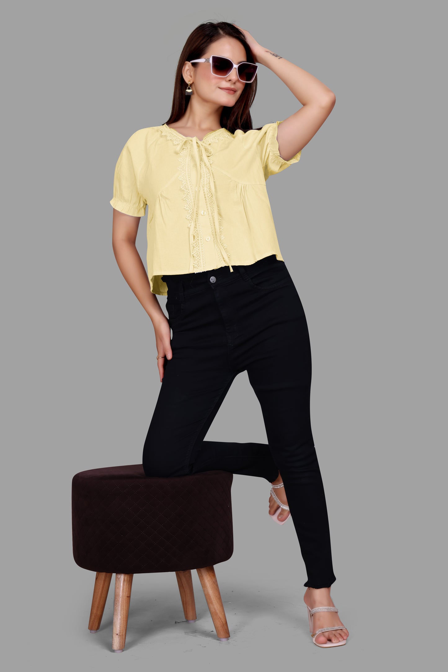 Chic Pinstripe Lace Bow Top for Women