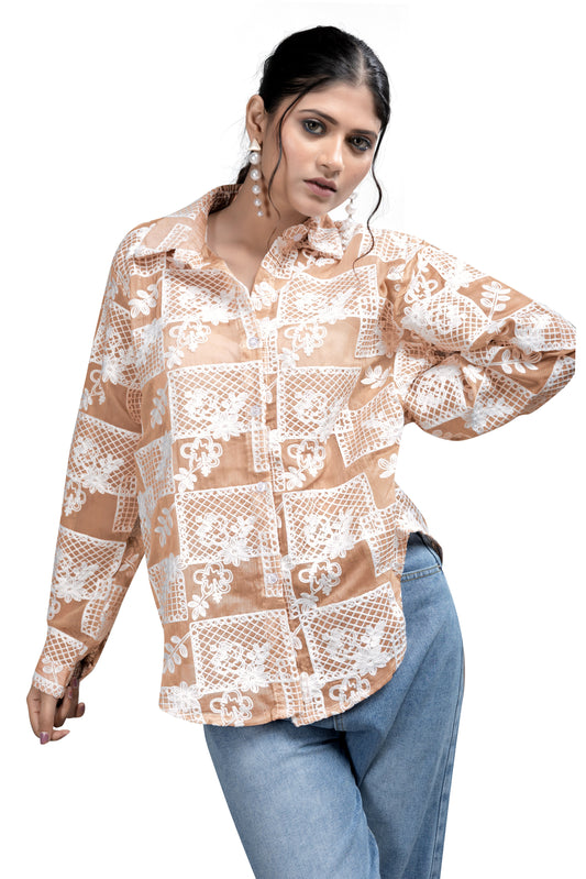 Beige & White Embroidered Boxy Shirt