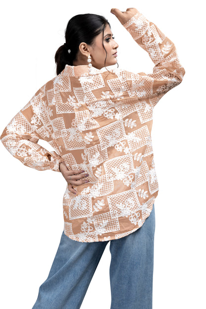 Beige & White Embroidered Boxy Shirt