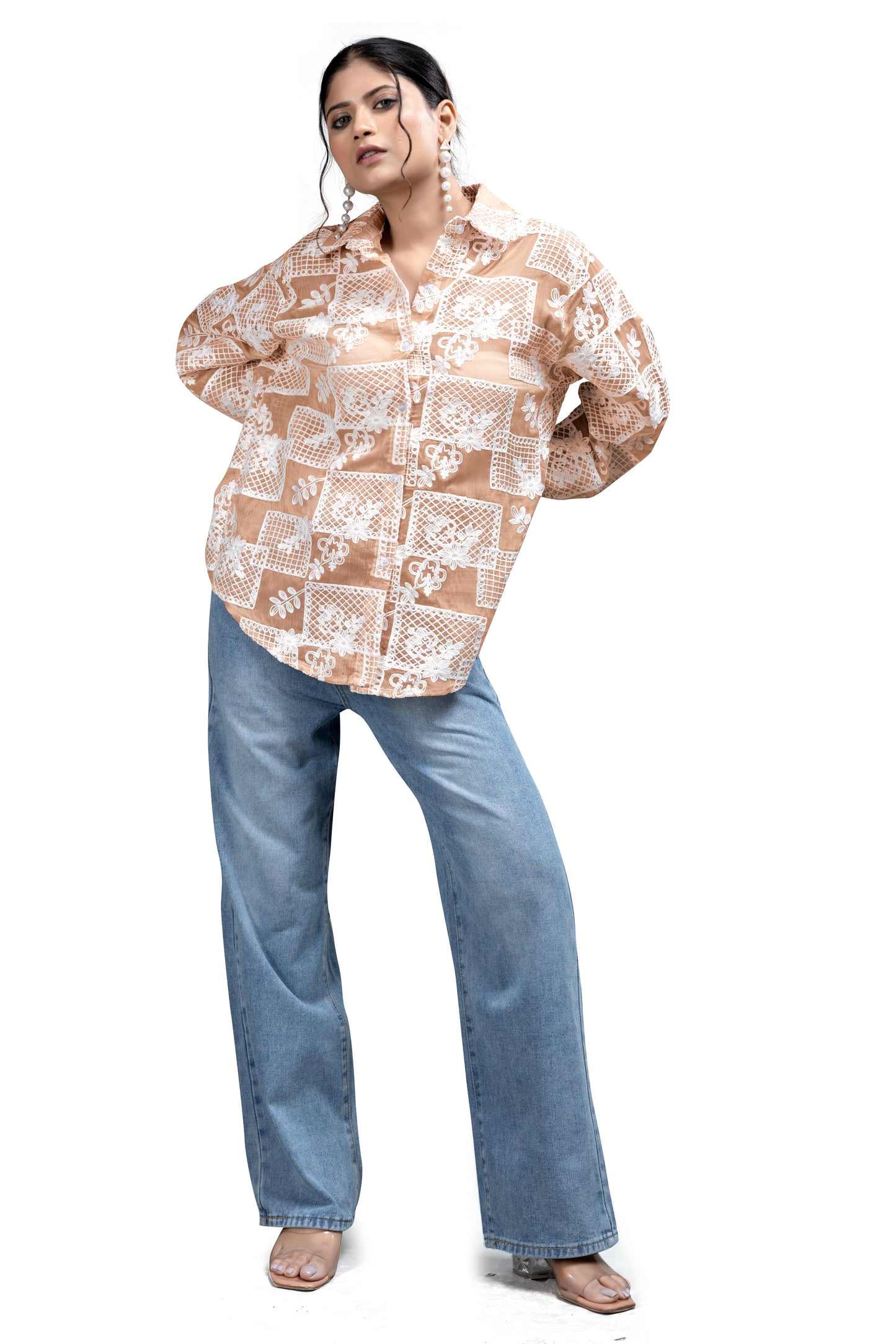 Beige & White Embroidered Boxy Shirt
