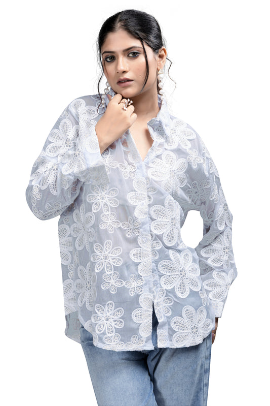 White Floral Embroidered Mesh Oversized Shirt