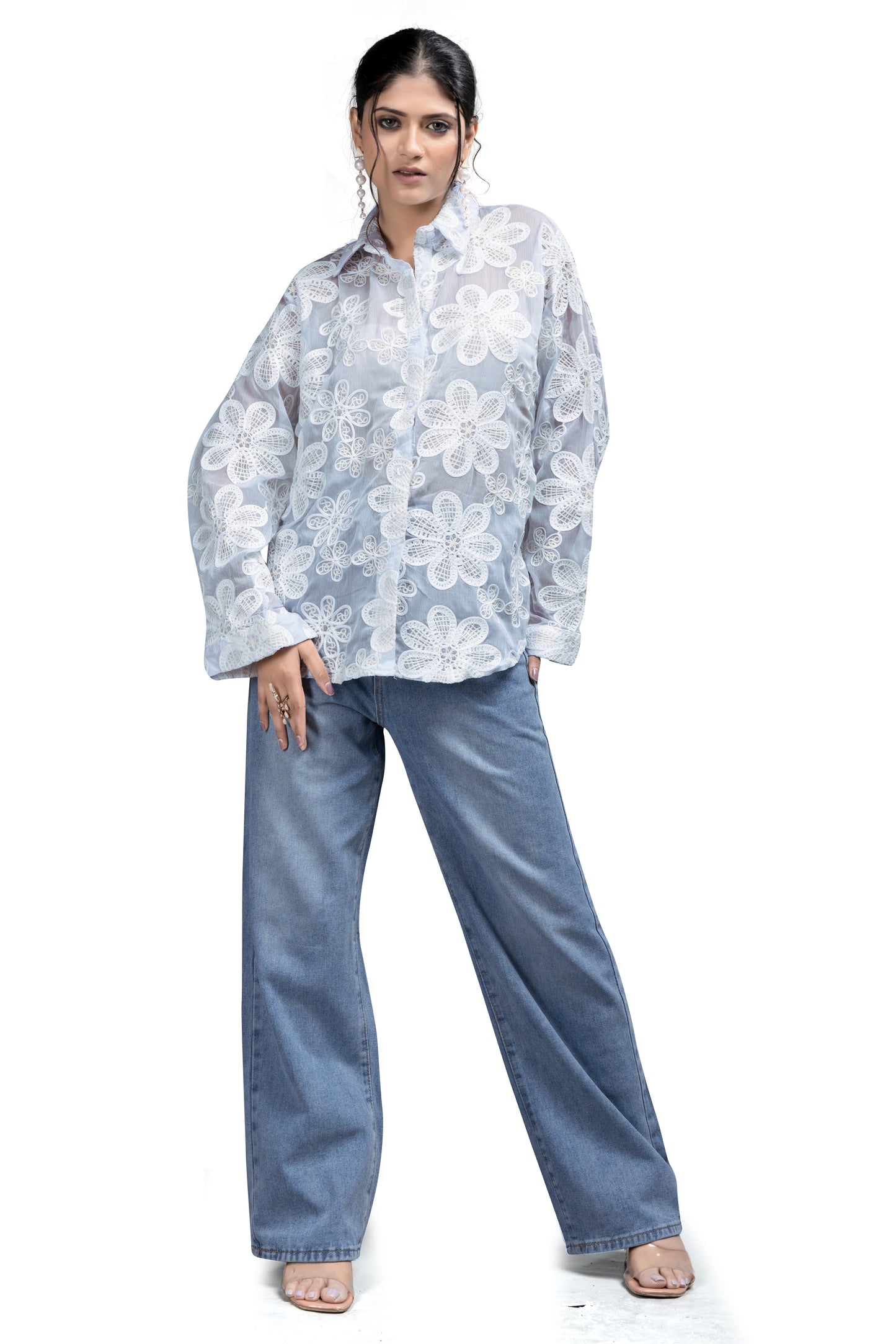 White Floral Embroidered Mesh Oversized Shirt